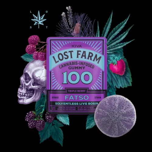 Lost Farms Gummies 100mg Triple Berry x Fatso Live Rosin Gummy – premium indica live rosin THC edible single pack with blackberry raspberry strawberry flavor