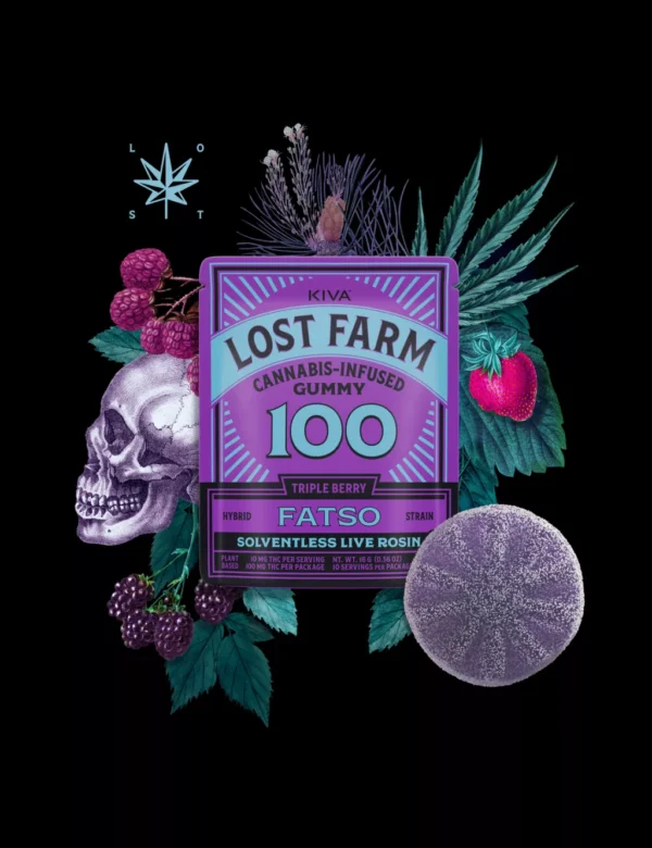 Lost Farms Gummies 100mg Triple Berry x Fatso Live Rosin Gummy – premium indica live rosin THC edible single pack with blackberry raspberry strawberry flavor