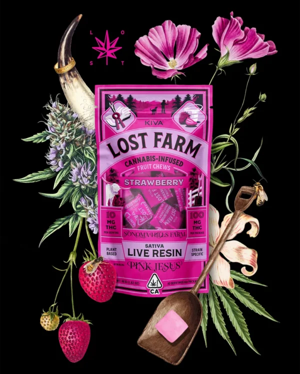 10mg Strawberry x Pink Jesus Live Resin Chews Lost Farm 100mg Gummies